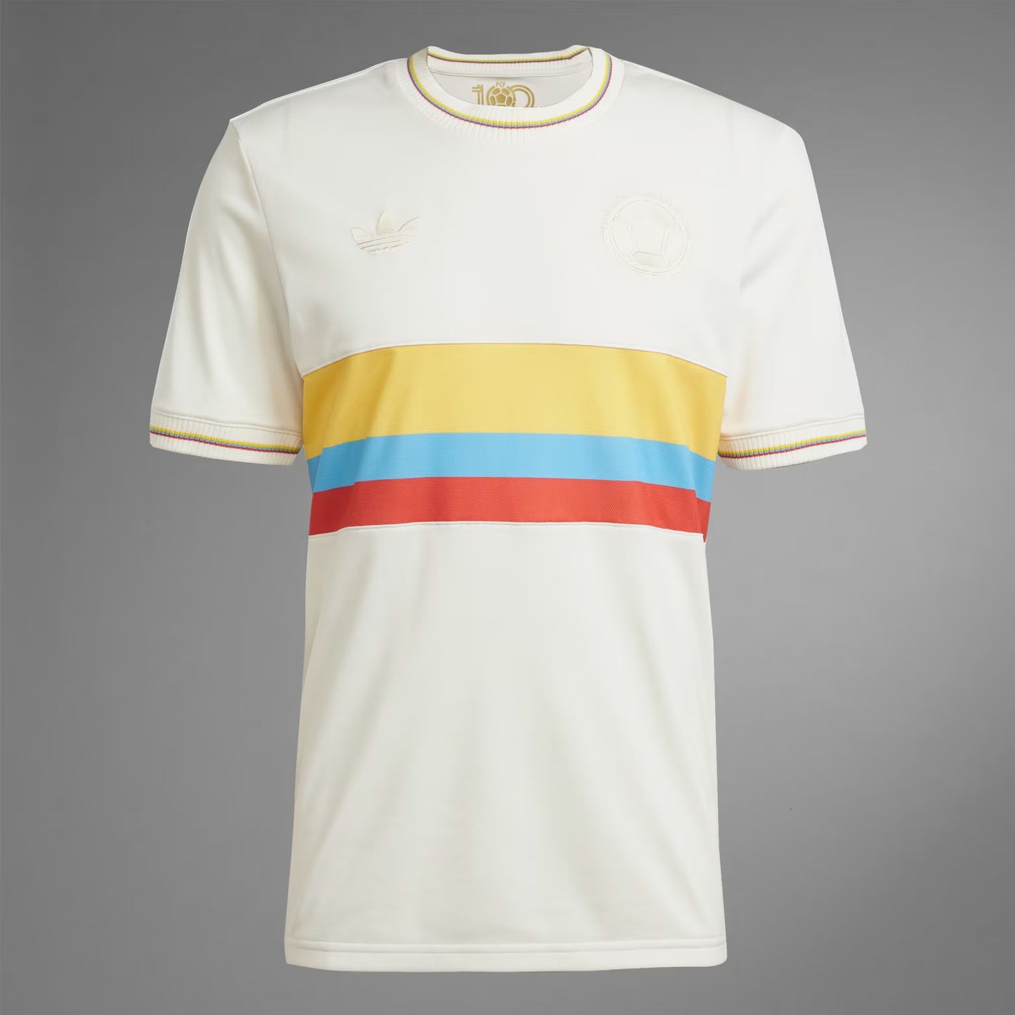 Camiseta Selección Colombia 100 Años Edición Limitada blanca dorada frontal