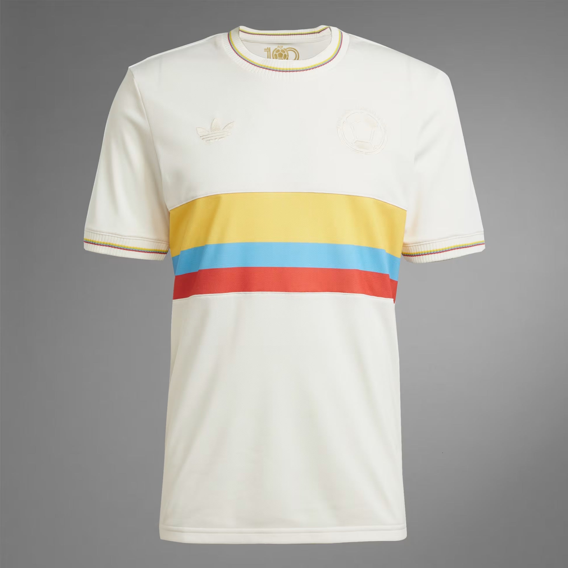 Camiseta Selección Colombia 100 Años Edición Limitada blanca dorada frontal