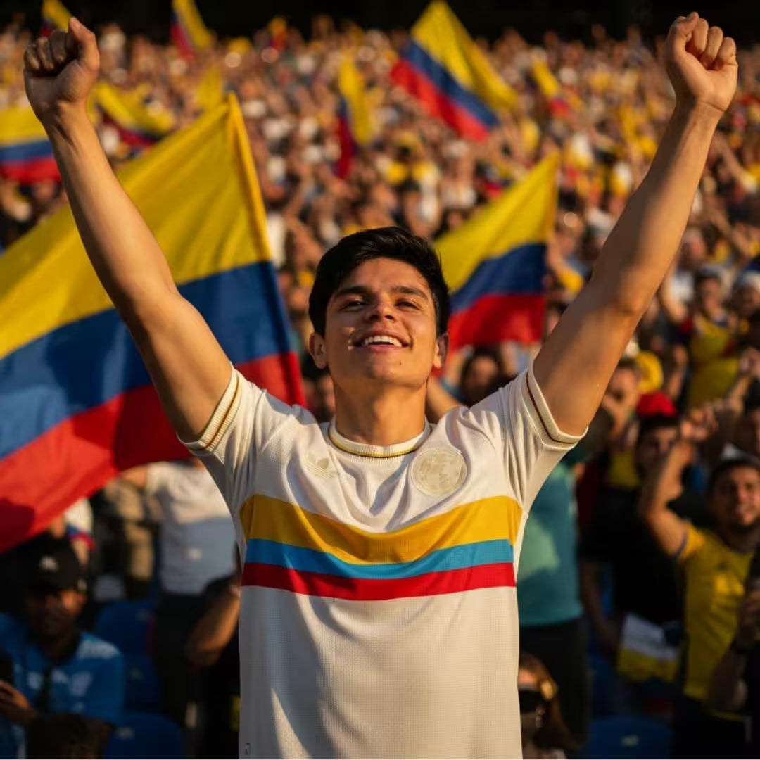 Hincha colombiano celebrando con camiseta Selección Colombia 100 Años edición limitada en estadio
